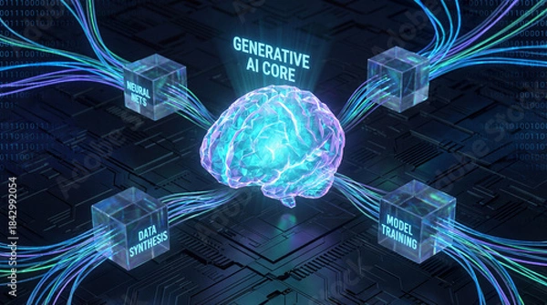 Fototapeta Futuristic holographic interface displaying Generative AI core as a glowing crystalline brain structure surrounded by floating neural nets and data synthesis blocks