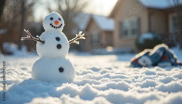 Fototapeta Snowman standing in fresh snow in front of house on sunny day  