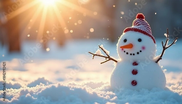 Fototapeta Snowman smiling in snowy forest with sunlight and snowflakes  