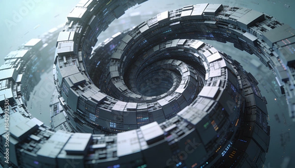 Fototapeta Spiraling vortex background made of abstract data blocks and compressed information layers folding inward in a controlled digital pattern
