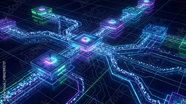 Fototapeta Synthetic quantum-style digital network background with programmable logic nodes, futuristic data particles moving algorithmically, and neon grid overlay