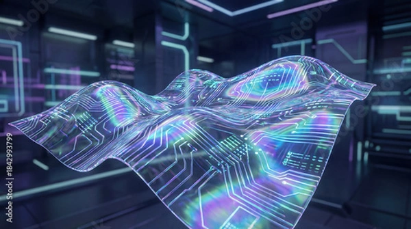 Fototapeta Ripple-like waves background created from programmable digital surfaces, each ripple shaped by encoded logic with soft shimmering gradients