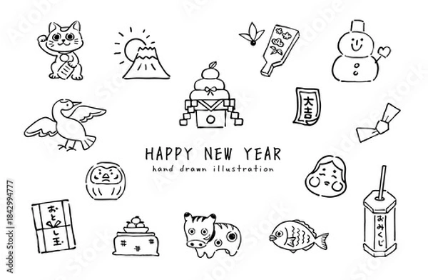 Obraz 手描きの新年イラストセット　正月アイコン・シンプル線画
