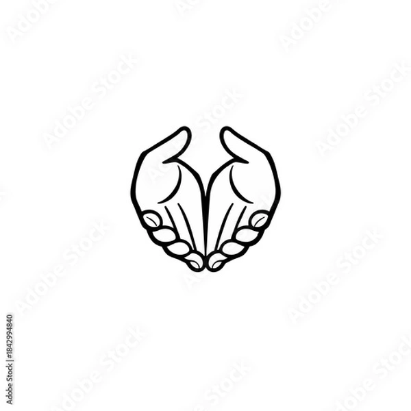 Fototapeta A simple black and white line art illustration depicting two cupped hands, palms facing upwards, in a gesture of holding, giving, or receiving.