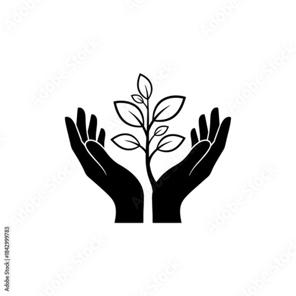 Fototapeta A black and white icon depicting two hands gently cupping and protecting a small plant with leaves, symbolizing growth and environmental care.