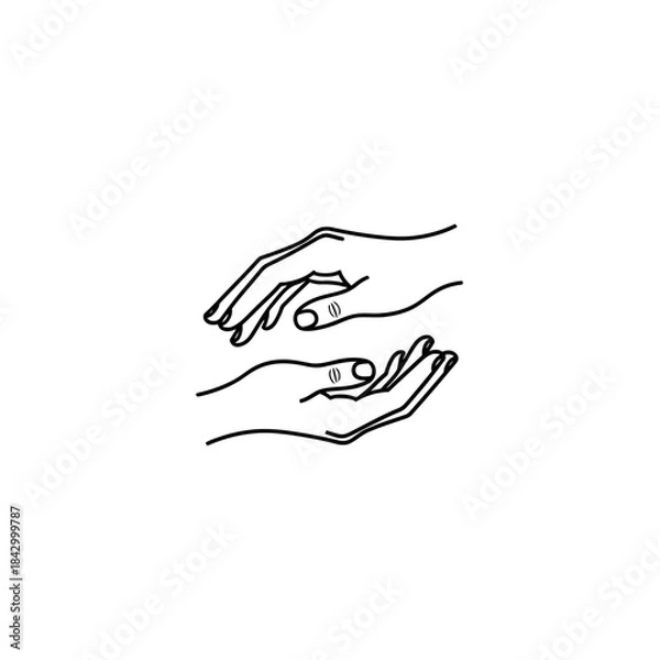 Fototapeta Minimalist line art illustration of two hands, one above the other, with spiral symbols on the palms, suggesting giving, receiving, or energy exchange.
