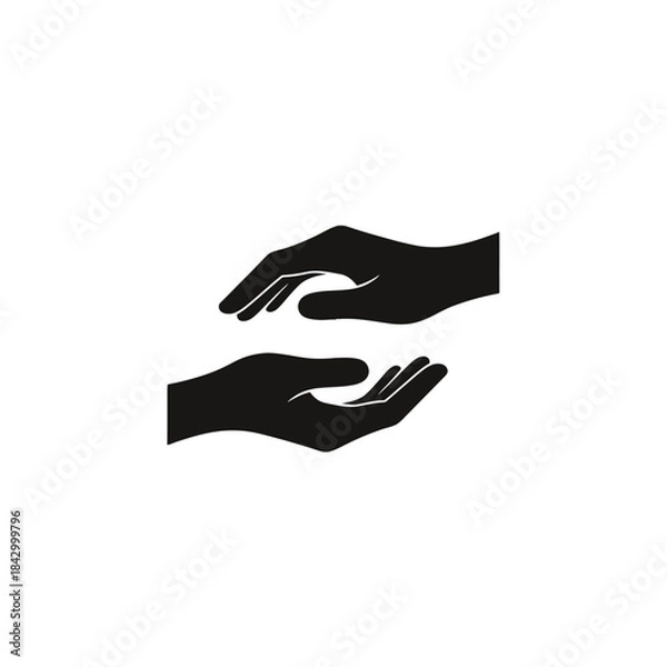 Fototapeta Black silhouette icon of two hands, one above and one below, symbolizing care, protection, and support.