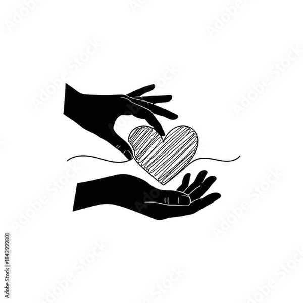 Fototapeta Black silhouette graphic of one hand gently giving a sketched heart to another open hand, symbolizing compassion.