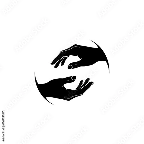 Fototapeta Two black silhouette hands facing each other in a circular, balanced design, symbolizing connection, care, or interaction.