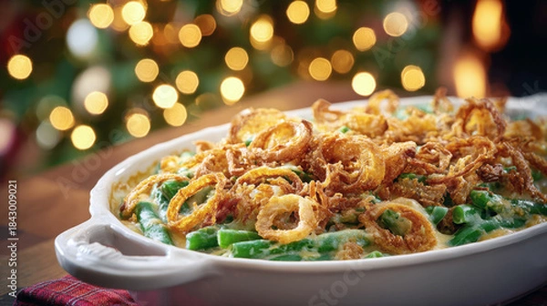 Obraz Delicious Homemade Green Bean Casserole with Crispy Fried Onion Toppings in a White Ceramic Dish against a Festive Holiday Background with Warm Golden Bokeh Lights for Thanksgiving or Christmas Dinner