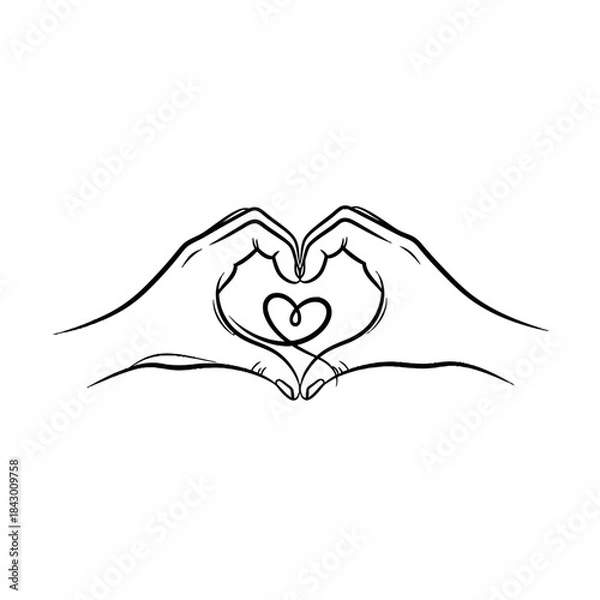 Fototapeta Line art drawing of two hands forming a heart shape with a continuous line heart inside, symbolizing love and connection.