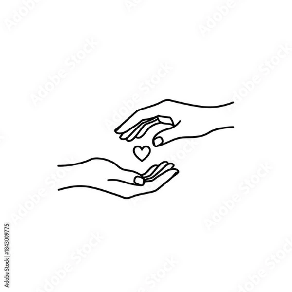Fototapeta Minimalist line art illustration of two hands exchanging a heart, symbolizing love and care.
