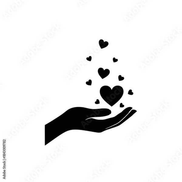Fototapeta Black silhouette of an open hand holding and releasing multiple heart shapes, symbolizing love, care, and giving.