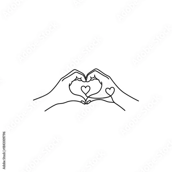 Fototapeta Line art illustration of two hands forming a heart shape with two smaller hearts inside, symbolizing love and connection.
