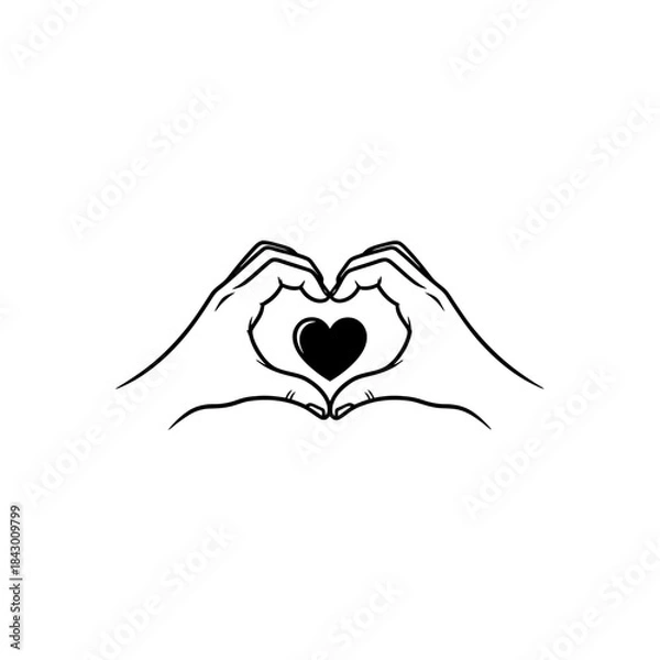 Fototapeta Black and white line art illustration of two hands forming a heart shape with a solid black heart icon in the middle.