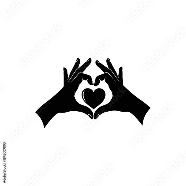 Fototapeta Two black silhouette hands forming a heart shape with a smaller heart icon inside, isolated on a white background.
