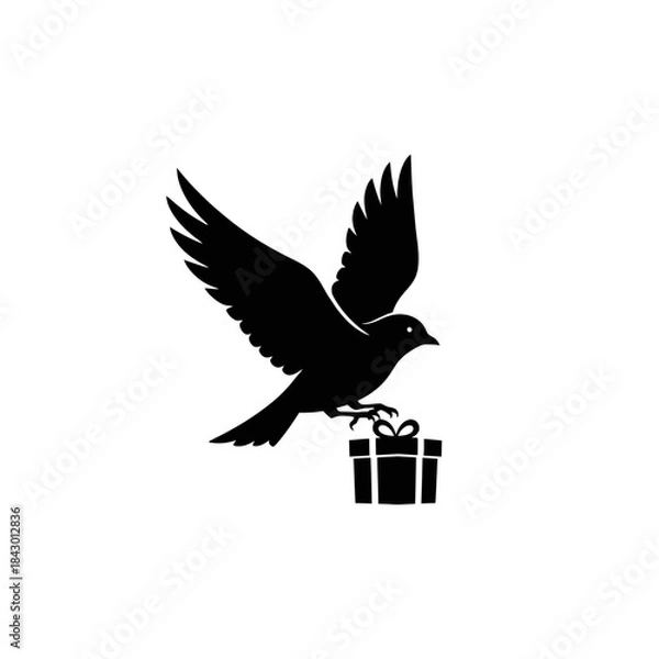 Fototapeta A black silhouette of a bird in flight carrying a small gift box with a bow, isolated on a white background.