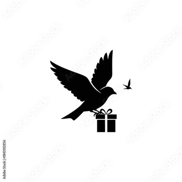 Fototapeta A black silhouette of a flying bird carrying a gift box, with another smaller bird in the distance, on a white background.