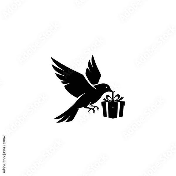 Fototapeta A black silhouette of a bird in flight carrying a gift box, with another smaller bird flying in the distance, on a white background.