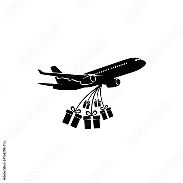 Fototapeta Black silhouette of an airplane flying upwards with multiple gift boxes hanging from its underside, symbolizing delivery or special cargo.