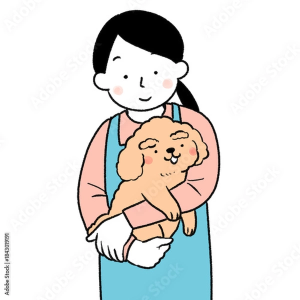 Obraz 犬を抱えるエプロンを着た女性のイラスト