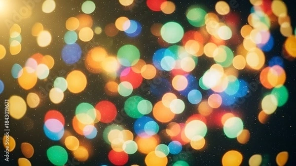 Fototapeta Colorful festive bokeh lights background with a dark backdrop and a bright corner glow.