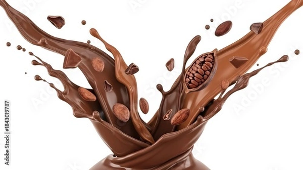 Fototapeta A rich, liquid chocolate splash featuring cocoa beans and solid chocolate pieces