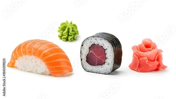 Fototapeta Various types of sushi including salmon nigiri, tuna maki, wasabi, and pickled ginger on a white background