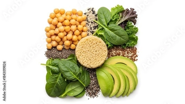 Fototapeta Healthy plant-based ingredients including chickpeas, avocado, and spinach arranged on a white surface