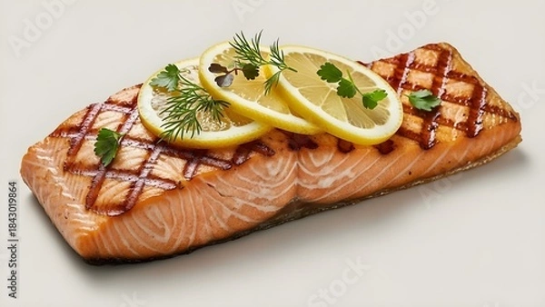 Fototapeta A perfectly grilled salmon fillet garnished with fresh lemon slices and aromatic herbs