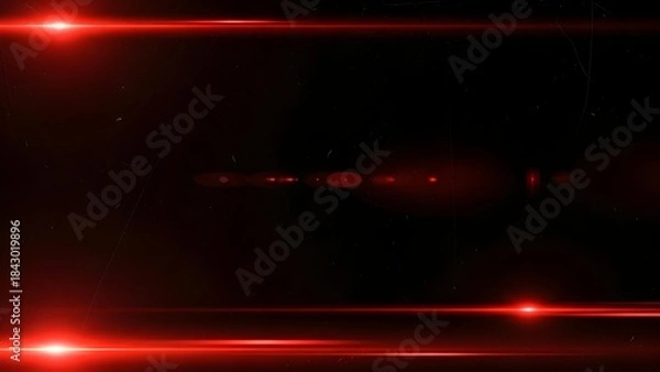 Fototapeta Futuristic digital light effect with bright red lens flares crossing a dark, particle-filled space