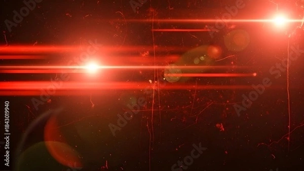 Fototapeta Red light streaks on a dark background with digital lens flares and grunge texture