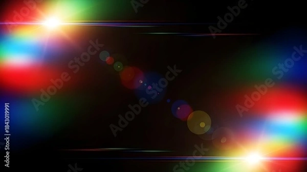 Fototapeta Vibrant rainbow lens flare with horizontal streaks and bokeh effects on a black background
