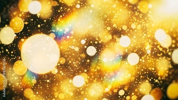 Fototapeta A mesmerizing abstract background with golden bokeh circles and glittering particles creating a festive atmosphere.