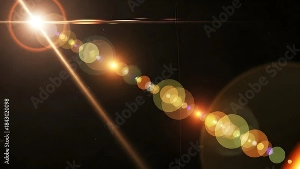 Fototapeta Abstract lens flare effect with bright light source and bokeh circles on a dark background