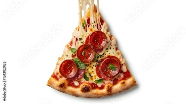 Fototapeta A delicious pepperoni pizza slice being lifted with a long string of melted cheese