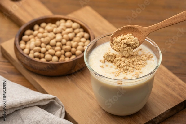 Obraz 大豆由来の豆乳にきな粉を加えた健康的な飲み物