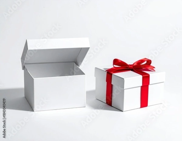 Obraz White Gift Box with Red Ribbon on Dark Background. Generative Image