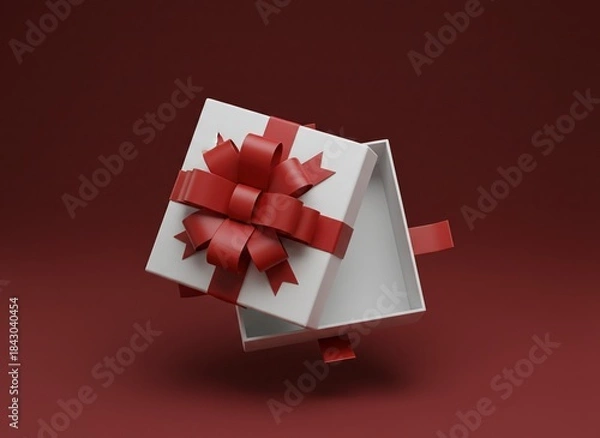 Obraz White Gift Box with Red Ribbon on Dark Background. Generative Image