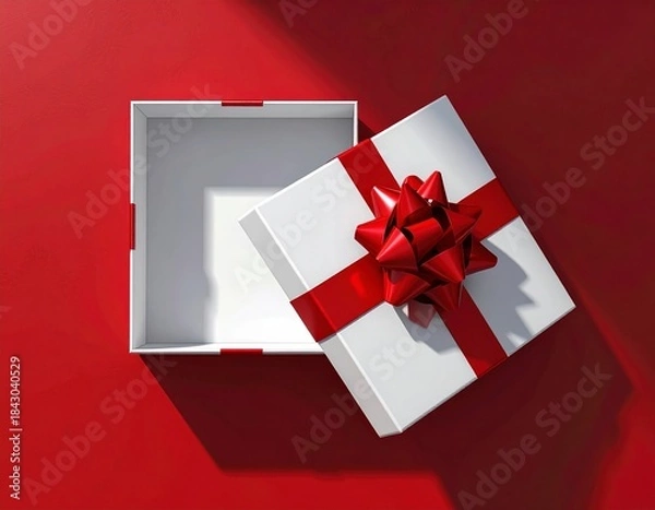 Obraz White Gift Box with Red Ribbon on Dark Background. Generative Image