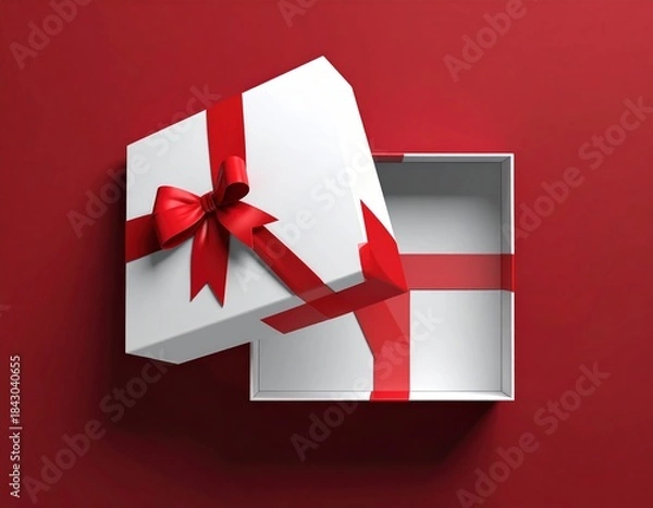 Obraz White Gift Box with Red Ribbon on Dark Background. Generative Image