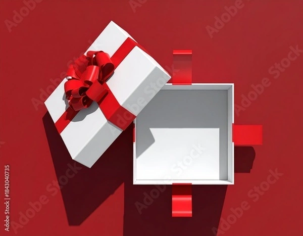 Obraz White Gift Box with Red Ribbon on Dark Background. Generative Image