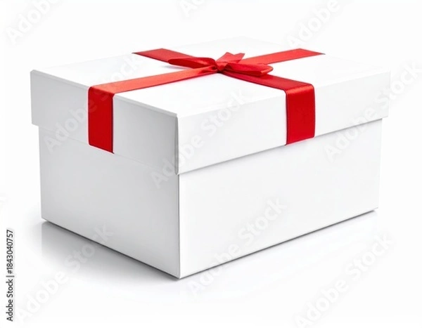 Obraz White Gift Box with Red Ribbon on Dark Background. Generative Image