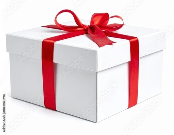 Obraz White Gift Box with Red Ribbon on Dark Background. Generative Image
