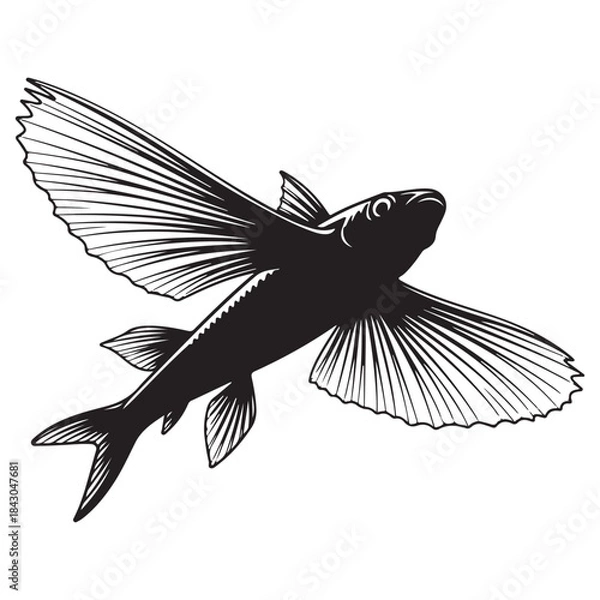 Fototapeta Illustration of a black silhouette of a flying fish soaring through the air