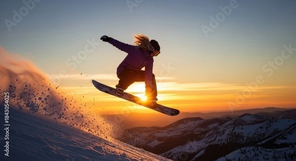 Fototapeta Female snowboarder jumping high during an epic sunset session with golden light splashing across the mountains and fresh snow