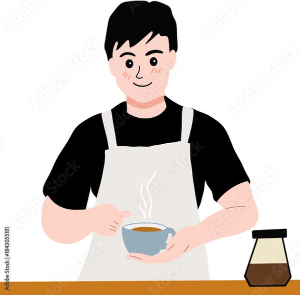 Fototapeta Friendly barista holding a steaming cup of coffee, wearing an apron and smiling warmly while preparing fresh beverages in a cozy cafe environment