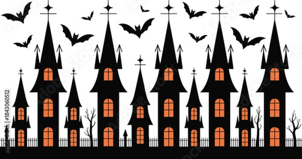 Fototapeta Haunted Gothic Castle Silhouette with Bats, Spooky Halloween Night Scene, Flat Vector Illustration for Horror, Fantasy, and Dark Background Design