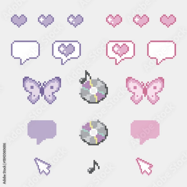 Fototapeta 【Y2K・平成レトロ】ドット絵のガーリーなアイコン素材セット - ハート・蝶・CD・吹き出し（パステルカラー）