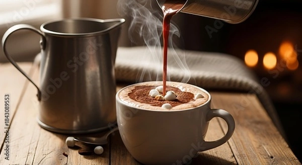 Fototapeta Pouring coffee into a cup with a metal pitcher.